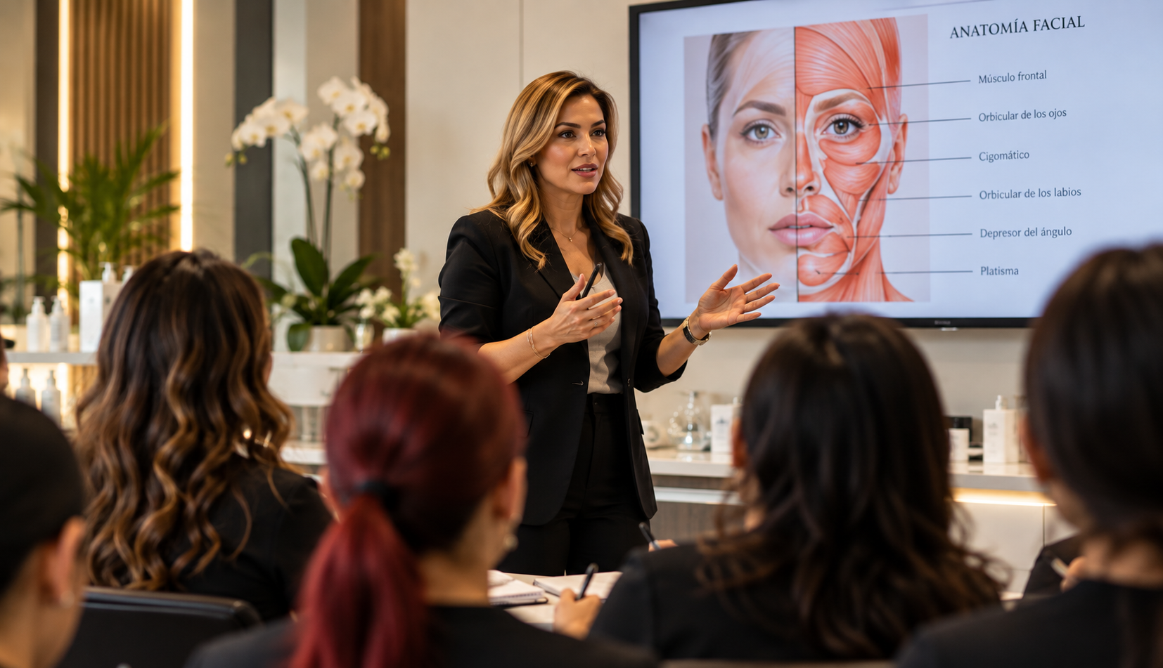 Female instructor teaching facial anatomy to a classroom of aesthetics students.