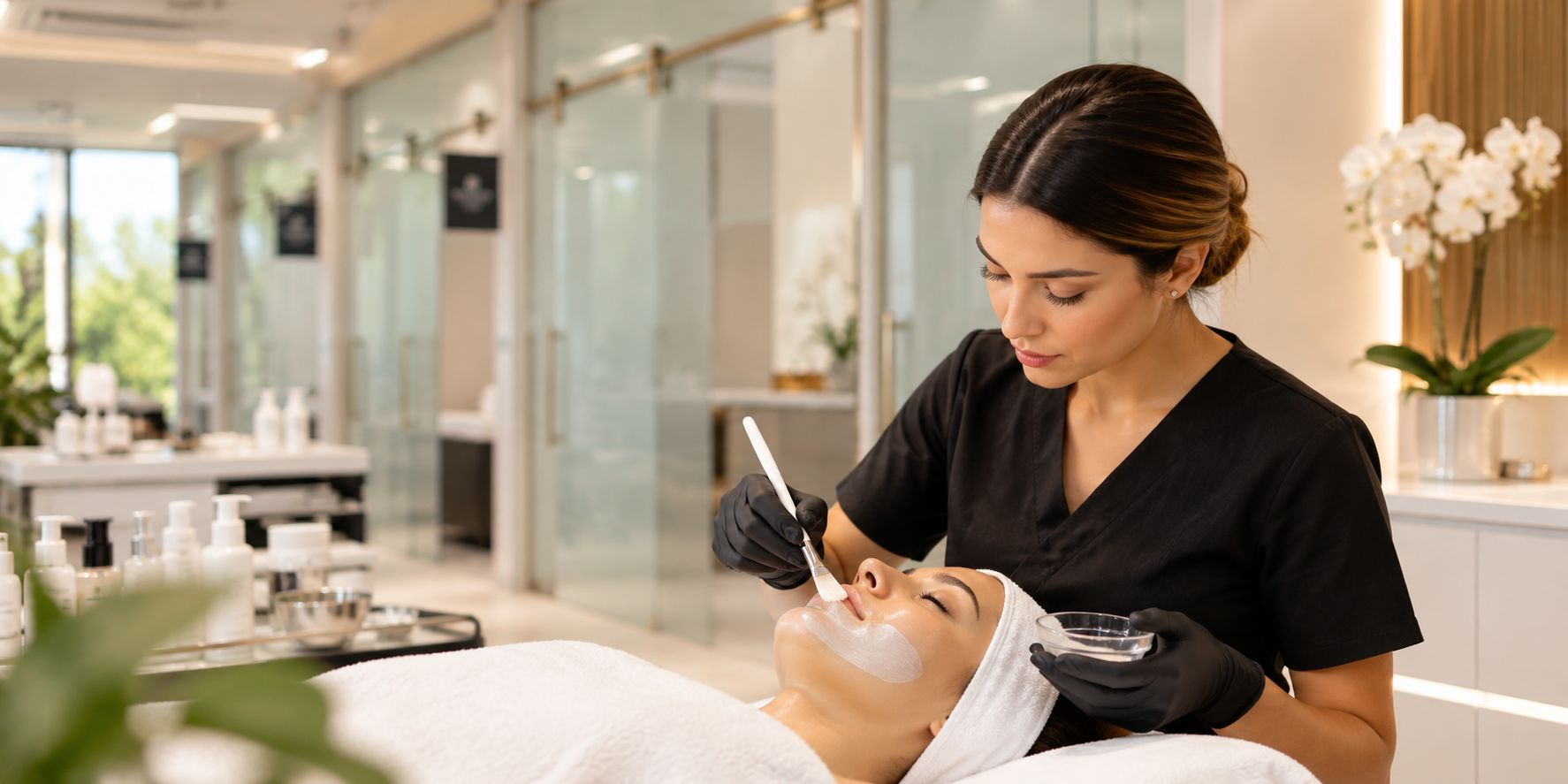 Practical facial treatment training in a polished professional education environment.