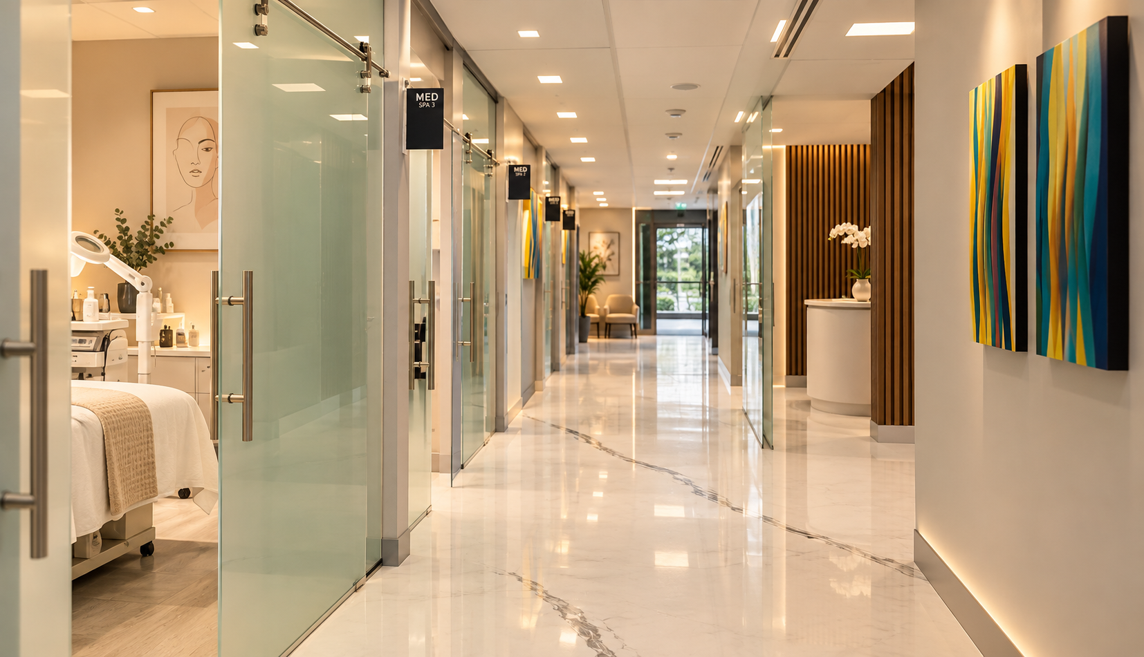 Modern Artemisa-inspired hallway with glass doors and a polished professional interior.